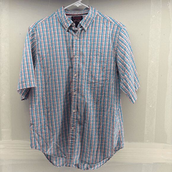 Vintage Cremieux Mens Large Plaid Red Blue White Button Down Short Sleeve - Picture 1 of 3